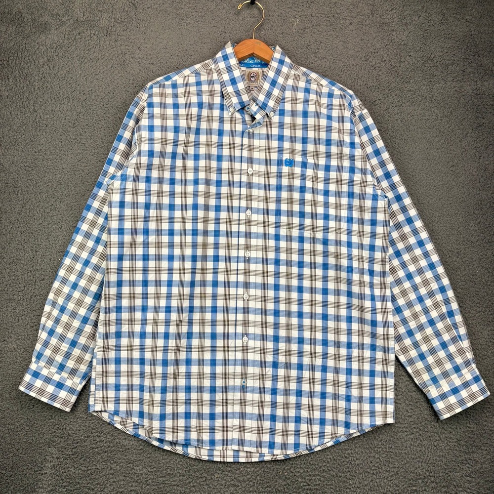 Cinch Mens Blue Brown White Plaid Long Sleeve Button Down Shirt Size‎ Medium